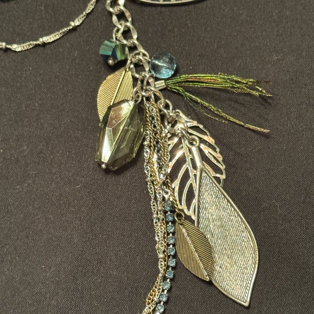 Vintage Fashion Necklace with Feather Stone Bead Charms